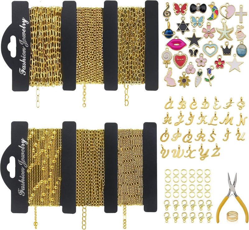 Ecoofor 18K Gold Necklace Chain Kit for Jewelry Making, 20 Feet DIY Bracelet Chains with Jump Rings, Lobster Clasps, Connectors, Jewelry Pliers, 30 Colorful Graphic Charms & 36 Letter Pendants - Image 1